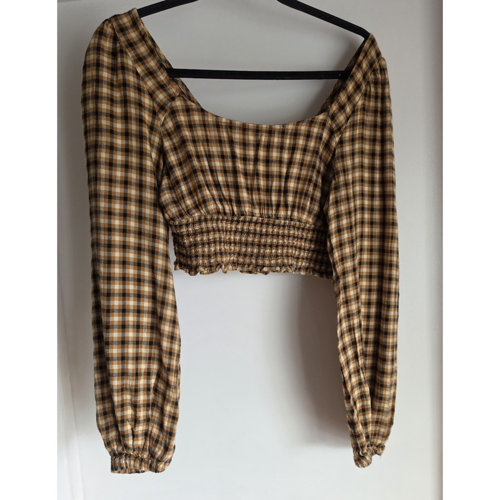 BP. Gingham Crop Top Women S Brown Black Square Neck Long Sleeve Blouse Shirt